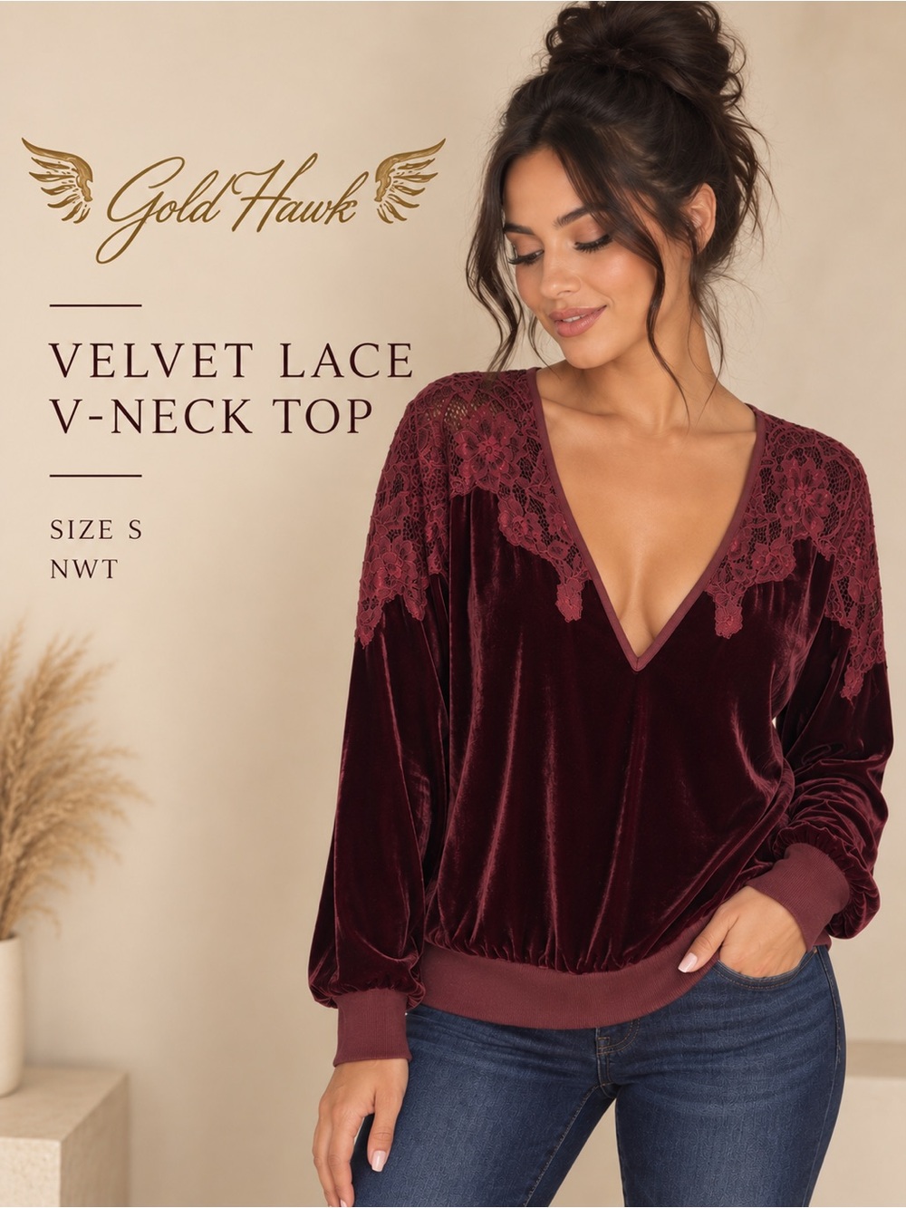 NWT Gold Hawk Burgundy Wine Velvet Lace V-Neck Top Size S